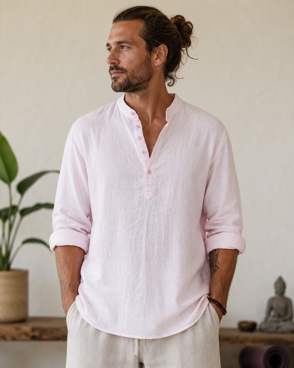 Coofandy Men's Cotton/Hemp Blend Henley Light Pink Henley Shirt XXL